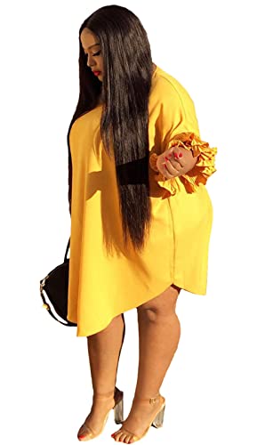 Image of Ekaliy Women's Casual Vintage Ruffle Sleeve Loose Party Midi Plus Size Dress Casual Summer