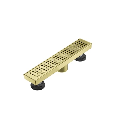 AVSIILE Linear Shower Floor Drain Brushed Gold 12 Inch 304 Stainless Steel Bathroom Drains Kit Long Rectangular Shower Trench Drain with Square Pattern Drain Cover & Hair Catcher