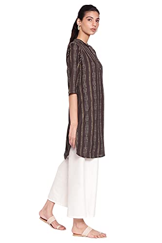Image of W for Woman Black Mandarin Collar Striped A-line Kurta
