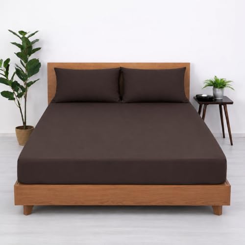 Image of Blue Strip Fitted Bedsheet with 2 Pillow Covers, Dark Brown, Polycotton, King Size 72x78 Inch, 8 Inch Deep Pocket, Fits Double, Queen & King Beds