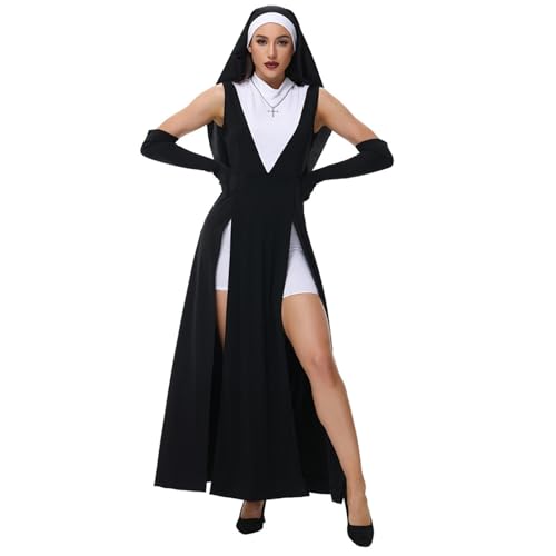 Disfraces de Halloween para adultos para mujer, monja del Reino Unido, sacerdote, zombies, cosplay, actuaciones, trajes góticos, maxivestido, pantalones cortos, bufanda, guantes, carnaval, Negro, S