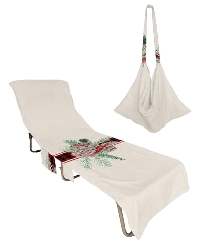 Christmas Beach Chair Towel Covers for Chaise Lounge with Side Pocket, Soft Plush Pool Towels Cover for Patio Sunbathing Outdoor 29''x85'' Red Bird Berry Buffalo Farmhouse Lattice