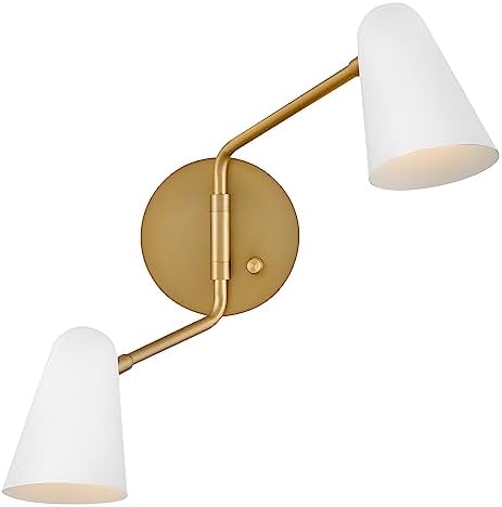 Lark Birdie 83542LCB-MW Two-Light Sconce, Adjustable Arms, Pivoting Shades for Directional Light, Matte White and Lacquered Brass