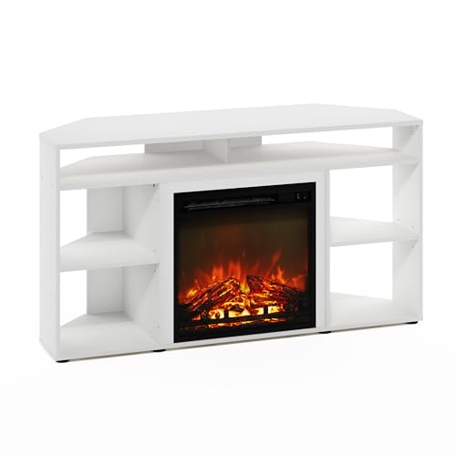 Image of Furinno Jensen Corner Stand with Fireplace for TV up to 55 Inches, 55-Inch, Solid White