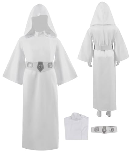 Howenlthy Girls Princess Leia Cosplay Costume Hooded Dress with Belt Leia White Robe Halloween Party Outfit (US Alpha Small Regular Regular White)