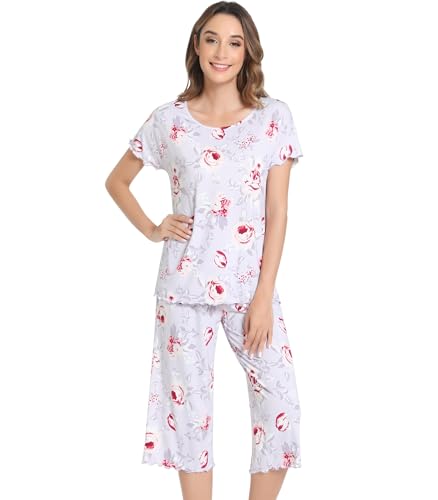 Image of NACHILA Women's Bamboo Viscose Pajama Sets Summer Cooling Short Sleeve Capri Soft Pjs Night Sweats Moisture Wicking Sleepwear