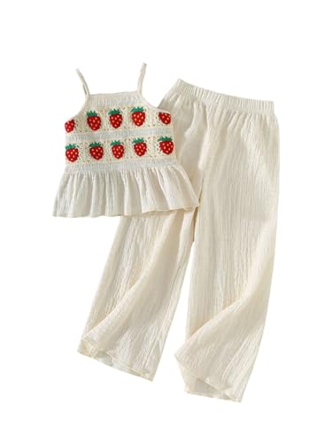Image of WDIRARA Girl's 2 Piece Outfits Boho Floral Crochet Ruffled Sleeveless Cami Top and Wide Leg Pants