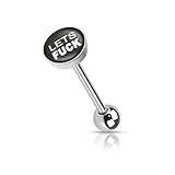 Clear Epoxy Covered Bad Words Inlaid Top 316L Surgical Steel Barbell Tongue Rings (Lets Fuck)