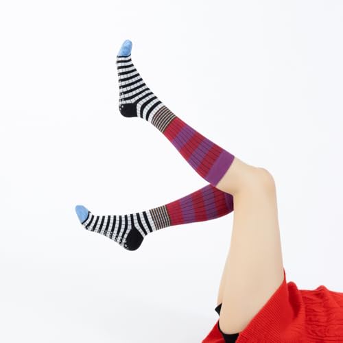 Image of Verdancy Yoga Pilates Socks with Grips for Women Striped Color-Blocked Knee Highs Non Slip Cushioned Over the Calf Socks
