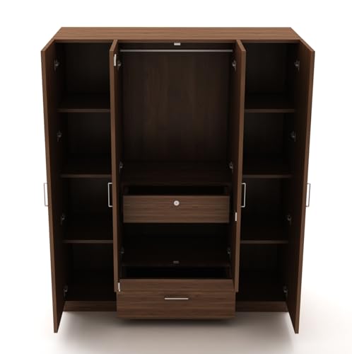 Image of DesignFit Engineered Wood 4-Door Wardrobe for Bedroom | Wooden Almirah with 1 Hanging Rod, 2 Drawers & 8 Shelves | Clothes Cupboard Storage Cabinet Furniture (Walnut Finish)