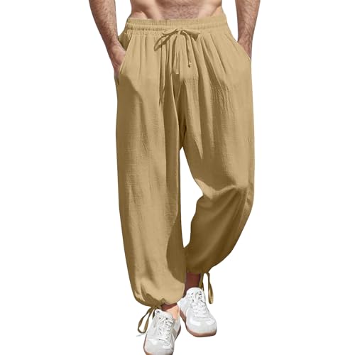 Mens Linen Pants Beach Cover Up Elastic Waist Pants Summer Baggy Straight Leg Yoga Pant with Pockets Linen Trousers Casual Cinch Drawstring Bottom Trousers Lightweight Lounge Pant Hawaiian Outfits