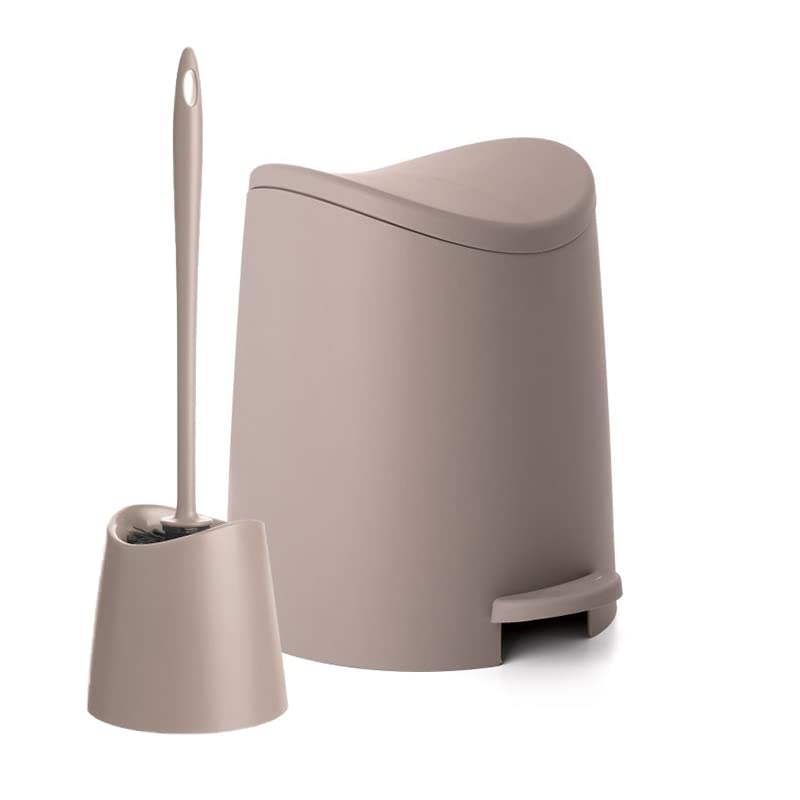 Small Plastic Bathroom Set 3 qt Taupe Plastic Compact Trash Can, and Toilet Bowl Cleaner Brush with Holder – Matching Toilet Set