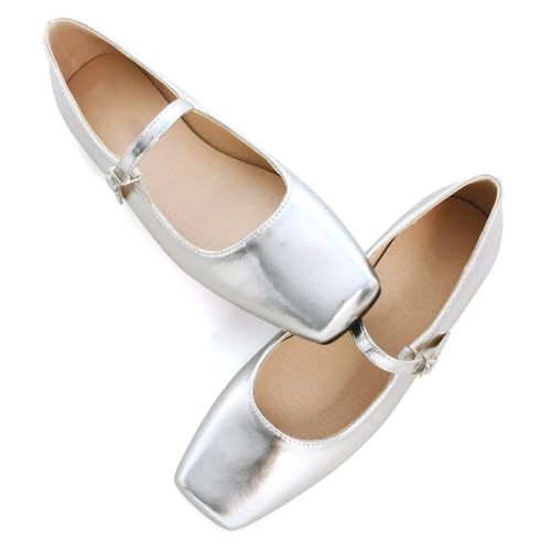 TN TANGNEST Leather Flats for Women Comfortable Square Toe Slip On Flats Soft Work Flats Retro Mary Jane Flats Silver 43(10) 24