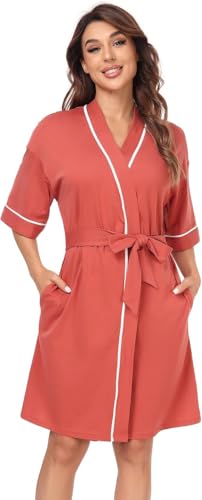 Women's 100% Cotton Robes Soft Lightweight Kimono Robe Short Knit Bathrobe Sleepwear for Ladies (AU, Alpha, XX-Large, Regular, Regular, Brick Red)