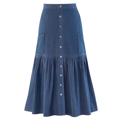 Collections Etc Women's Stylish Full Flounce Hem Denim Skirt with Patch Pockets Indigo Large