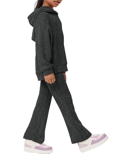 Image of Haloumoning Girls 2 Pieces Outfits Ribbed Knit Hoodies Flare Pants Sweatshirts and Sweatpants Kids Tracksuits 4-14 Years