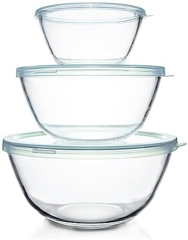 Luvan Glass Mixing Bowl with Lids Set(4.5QT,2.7QT,1.1QT), 3PC Large Glass Mixing Bowls Set, Glass Nesting Bowls, Clear Salad Mixing Bowl for Kitchen, Storage, Cooking, Baking, Prepping,Dishwasher Safe
