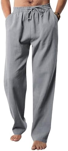 BIVENANT Mens Linen Pants Plus Size Drawstring Elastic Waist Lightweight Solid Pants Loose Fit Summer Beach Yoga Trousers Gray S