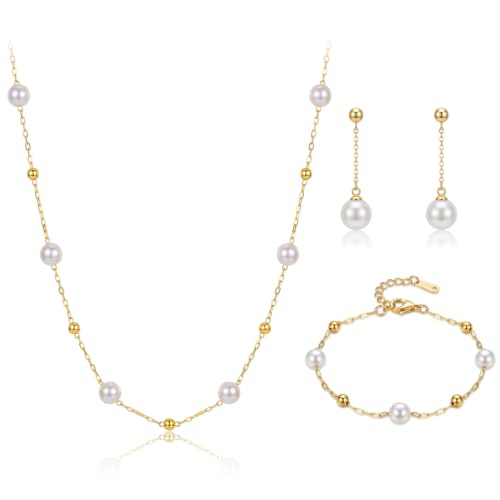 AKUSESALI Gold Jewelry Sets for Women Gold Pearl Dangle Earrings Bracelets Necklaces Set Womens Jewelry Gifts for Women Wife