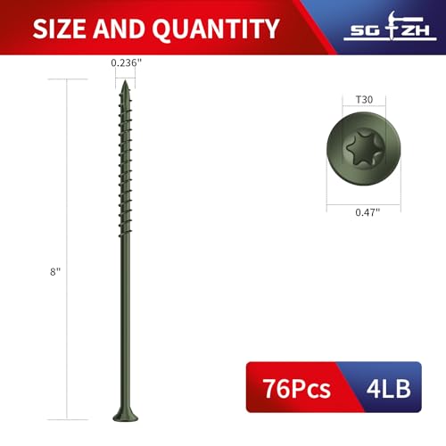 Image of #14 x 8 Inch Deck Screws (76Pcs) 4lb. Exterior Wood Screws. Carbon Steel, Green, Flat Head, Rust Resistant epoxy Coated, with T30 Star Bit