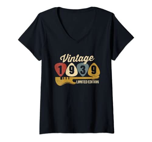 Mujer Vintage 1939 Cumpleaños Retro Guitarra 83 Fiesta de Cumpleaños Camiseta Cuello V