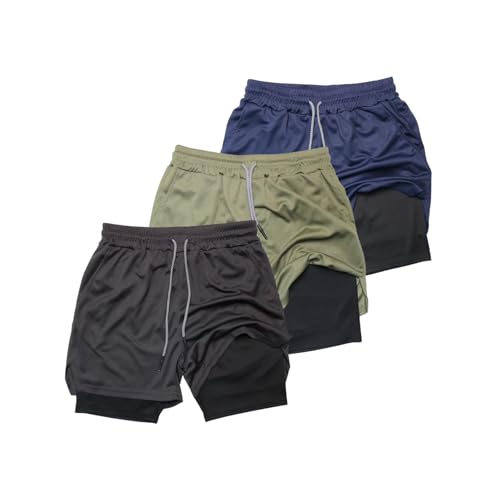 Genérico Pack de 3 Pantalones Cortos con Malla Deportivos Ajustable para HombreGimnasio, Fitness, Culturismo, Gym. (FR/ES, Letras, M, Regular, Regular, Estándar, Negro/Verde Militar/Azul Oscuro)