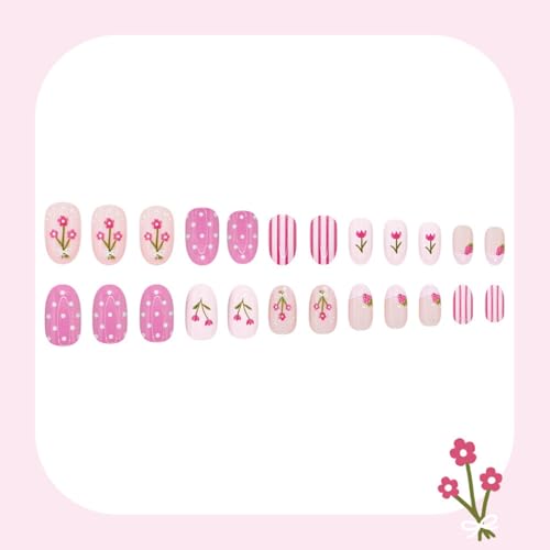 Image of Pink Press on Nails Flower Fake Nails Medium Oval False Nail with Stripes Polka Dot Design Reusable Glossy Full Cover Tulip Stick on Nail for Women Manicure 24Pcs