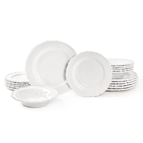 AELS Juego de vajilla de melamina con cuentas de 18 piezas para uso en interiores y exteriores, apto para lavavajillas, ligero, irrompible, sin BPA, blanco brillante