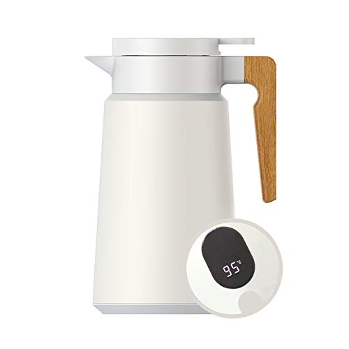 Pichet Isotherme Thermos Sous Vide Isolé, Carafe à Café Thermique 304 Acier Inoxydable, Manche En Bois, Fond Antidérapant Pour La Maison, Le Bureau, L'hôtel (Blanc Intelligent,1.8L) Cover