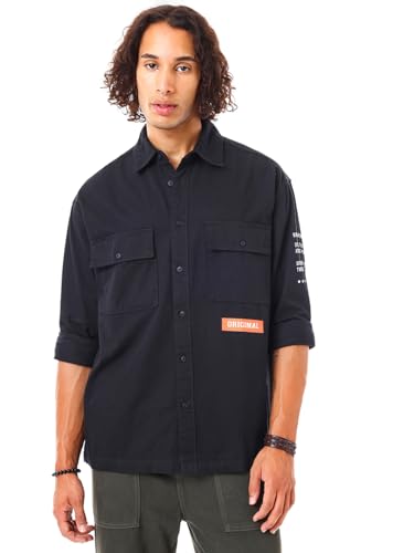 Image of Bewakoof Men's Graphic Printed Oversized Fit Full Sleeve Collar 100% Cotton Shirt
