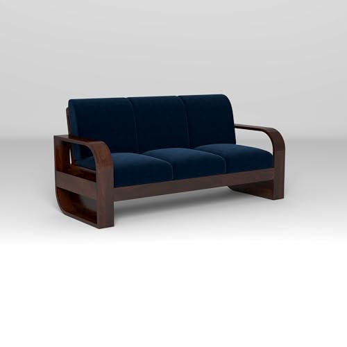 Image of Solid Sheesham Wooden 3 Seater Sofa Set with Blue Cushion for Living Room Furniture - Walnut Finish
