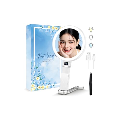 MIYADIVA Espejo De Aumento Iluminado 1X/30X, Espejo De Maquillaje De Doble Cara con Soporte Ajustable En Altura, Pantalla Digital De Energía Y 3 Colores De Luz Regulables, Blanco