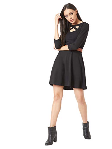 Image of Miss Olive Women's Black Solid Skater Knee-Long Belted Cut-Out Dress