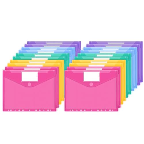 JEFURE A4 Dokumententasche 20 Stück, 5 Farben Dokumentenmappe, Wasserdichte Mappen mit 11 Löchern, Klettverschluss und Etikettentaschen, Durchsichtige Dokumentenhüllen für Dokumente Organisiere