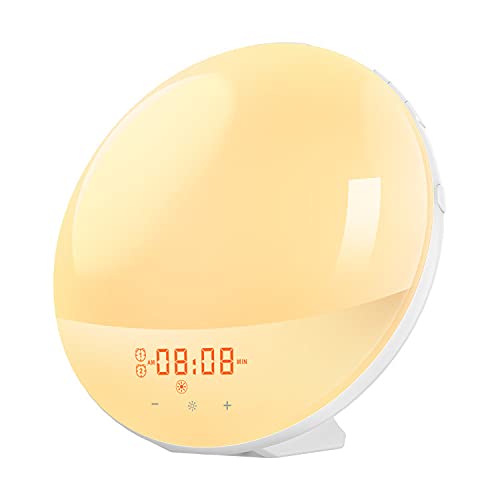 Luz LED para despertar, simulador de amanecer, despertar luminoso temporal, 20 niveles de brillo simulador de amanecer y atardecer, 8 sonidos naturales con función Snooze Nightlight