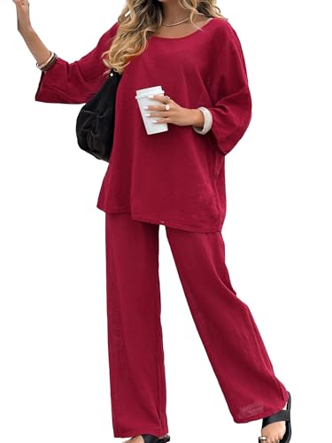 Costume Deux Pièces Femme Fluide avec Pantalon Large Rouge Foncé et Haut Col Rond