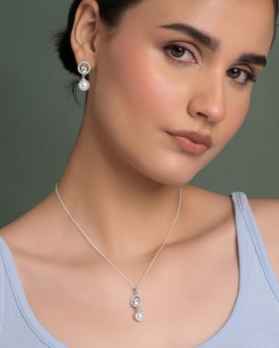 Image of CLARA 925 Sterling Silver Dante Pearl Pendant Earrings Chain Jewellery Set