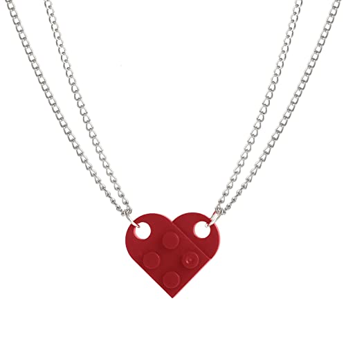 Heart Shaped Brick Necklace for Couples Friends Besties, Heart Pendant 2 Pieces Brick Pendants Compatible with Lego Elements for Women Men Memorial Jewelry (Dark Red)