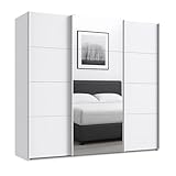 Geräumiger Schwebetürenschrank Kleiderschrank 3-türig B225/H208/T64 cm in Weiß, mittlere Tür mit Spiegel, inkl. einer Kleiderstange, 4 Einlegeböden und 2 Stoffboxen / 22518