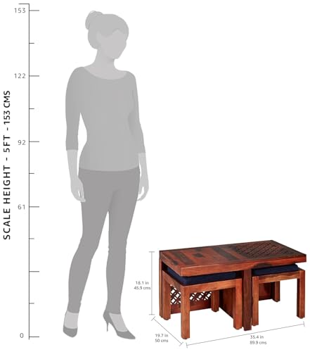 Image of Jangid Handicraft Solid Sheesham Wood Coffee Table with 2 Stool | Rectangle Sofa Centre Table with Stool | Tea Center Table with 2 Stools for Living Room | Patio Teapoy Table with Two Puffy, Brown