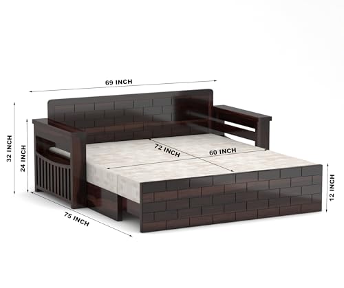 Image of Solid Sheesham Wood Diwan Bed for Living Room & Bedroom | Modern Wooden Sofa Cums Bed with Side Storage Rack | Multipurpose Day Bed for Home Furniture (Walnut Finish)