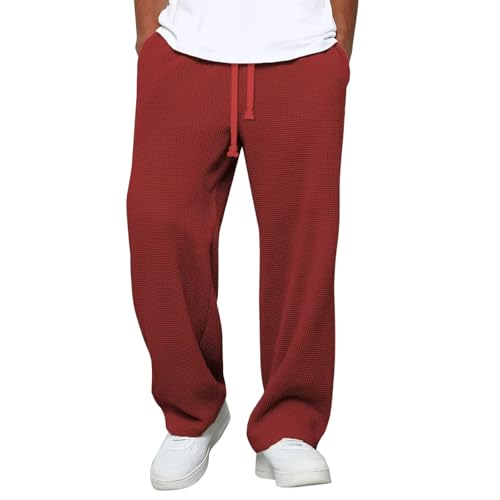 Waffle Pants Men Textured Drawstring Waist Wide Leg Trousers Solid Loose Lightweight Breathable Hiking Sweatpants - Main Image