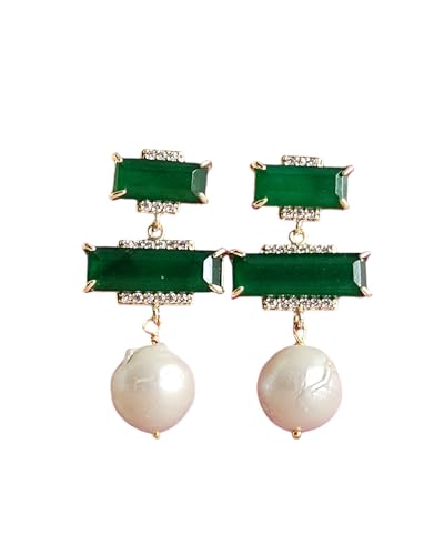 Orecchini Pendenti con Occhio di Gatto Verde e Perle Barocche