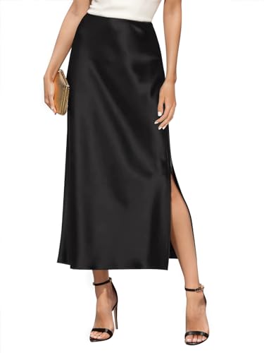 Women's Satin High Waisted Side Split Maxi Skirt Elastic Waistband Elegant Work Skirts Party A-Line Skirts
