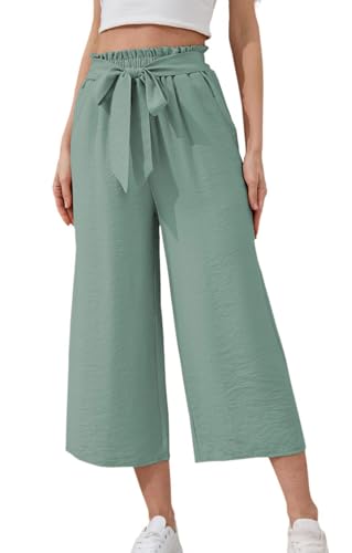 YUTILA Damen Culotte mit Gummibund und Bindegürtel, 7/8-Hose,Mit Weitem Bein und Taschen,luftige Sommerhose in 7/8-Länge,Strandhose