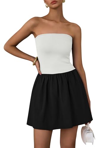 Image of PRETTYGARDEN Women's Summer Strapless Mini Party Dress Spring Casual Tube Top Ruffle A Line Short Patchwork Sundresses