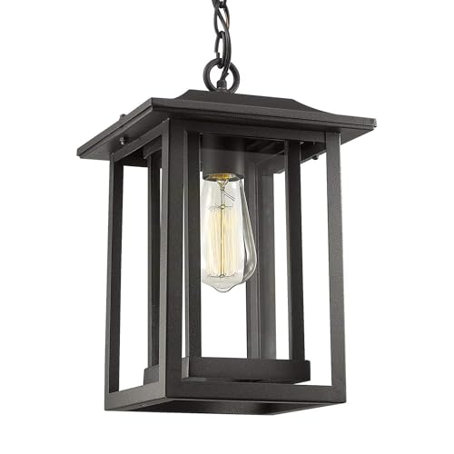 Beionxii Outdoor Pendant Light for Porch, Large Exterior Hanging Lantern Outside Chandelier Black Cast Aluminum w/Clear Glass (13.5