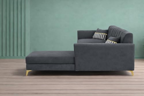 Image of Adorn India Premium Luster 6 Seater L Shape Sofa Set | Velvet Suede Fabric | 3-Year Warranty | RHS |Color Dark Grey with Golden Legs & Striped Pattern Cushion