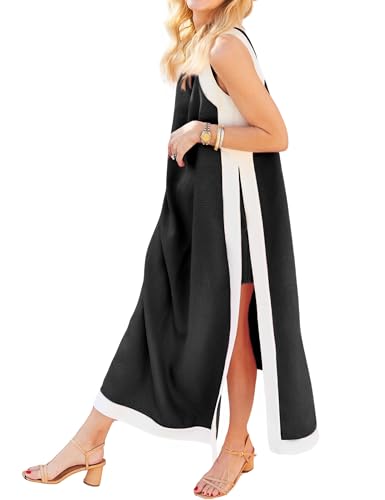 Image of Hooever Women's 2 Piece Sets Boho Color Block Sleeveless Maxi Dress Matching Shorts with Pockets