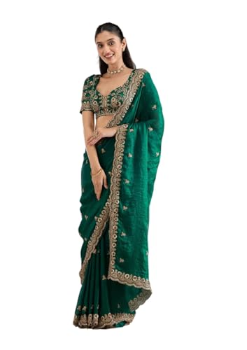 Image of Premium Butti work Saree with Heavy Embroidery & Sequin Work | Wedding Party Festive Designer Saree with Unstitched Embroidered Blouse Piece for Women